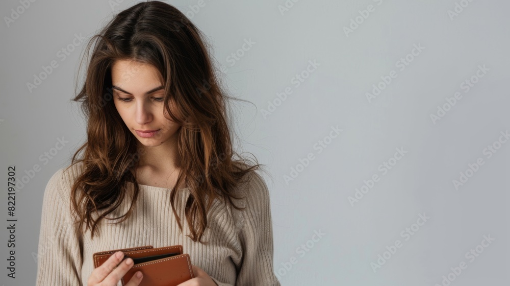 Obraz premium an isolated woman checking her wallet with a thoughtful expression, on a clean white background.
