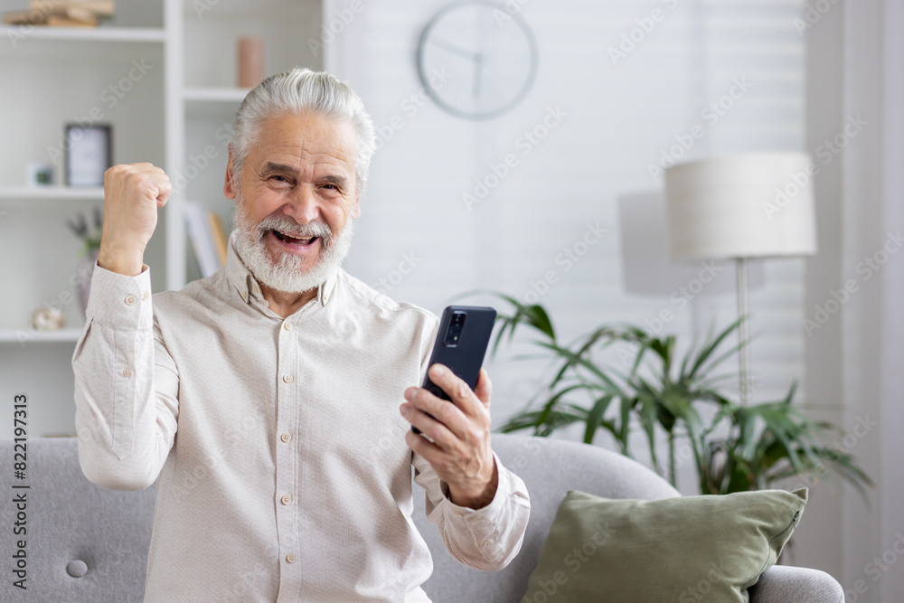Happy gray-haired senior man is at home, sitting on the couch, looking at the screen of the phone he is holding and rejoicing in success, showing a victory gesture with his hand Happy gray-haired senior man is at home, sitting on the couch, looking at the screen of the phone he is holding and rejoicing in success, showing a victory gesture with his hand