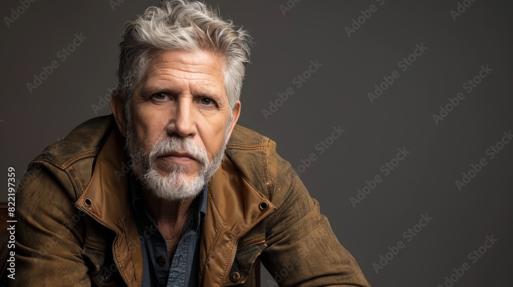 Older man with white hair and beard in casual attire, serious expression, dark background. Older man with white hair and beard in casual attire, serious expression, dark background.