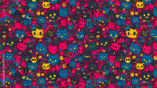A colorful cat print wallpaper with many cats of different colors and sizes. The cats are arranged in a way that creates a busy and lively scene photo