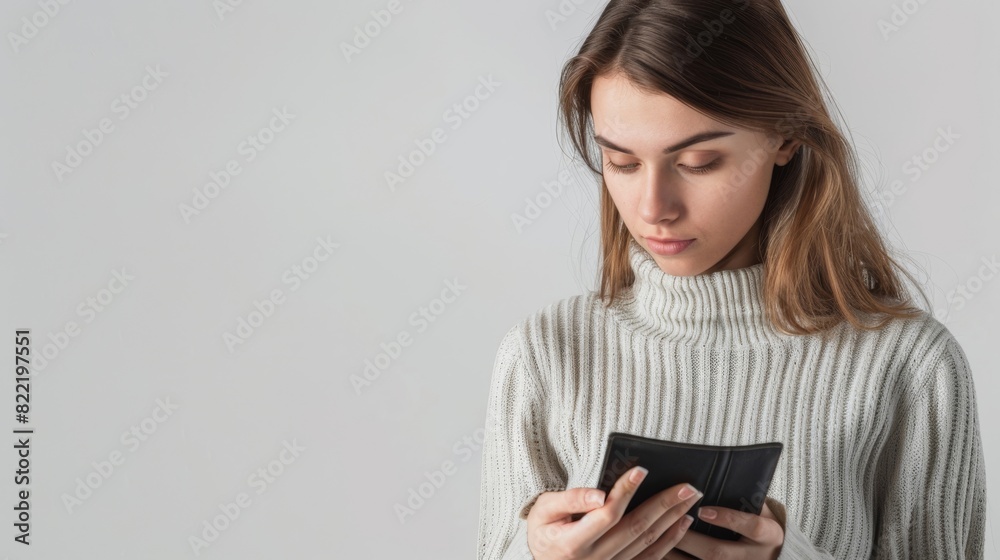an isolated woman checking her wallet with a thoughtful expression, on a clean white background. an isolated woman checking her wallet with a thoughtful expression, on a clean white background.