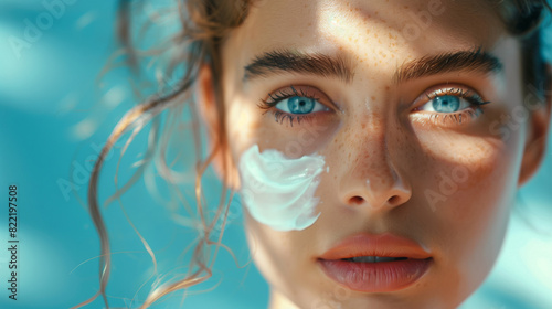 A woman with blue eyes and blonde hair is applying a white cream to her face. Concept of self-care and beauty, as the woman takes the time to apply the cream to her face