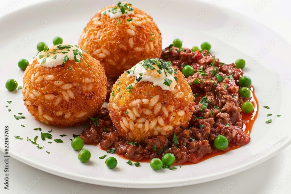 Savory arancini with peas and mozzarella in savory meat ragu
