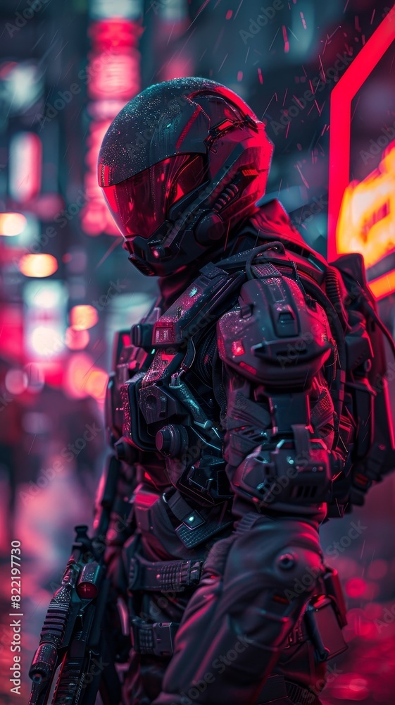 A soldier in futuristic armor stands in a dark city.