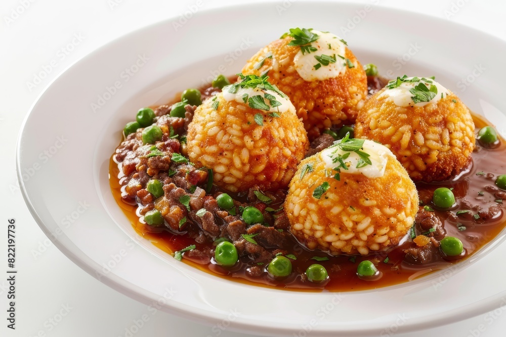 Hearty arancini with creamy risotto, mozzarella, and peas in rich meat ragu Hearty arancini with creamy risotto, mozzarella, and peas in rich meat ragu