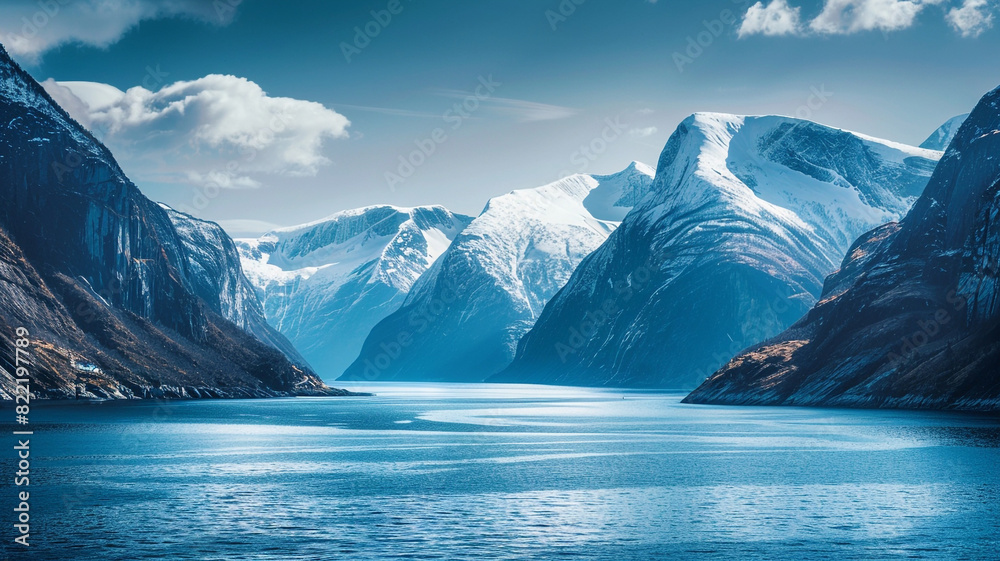 a breathtaking view of a coastal fjord, with snow-capped mountains towering above the deep blue waters