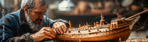 Crafting History: A Man Building Precise Model Ships   Photo Realistic Concept Showcasing Patience, Precision, and Historical Interest in Shipbuilding Hobby photo
