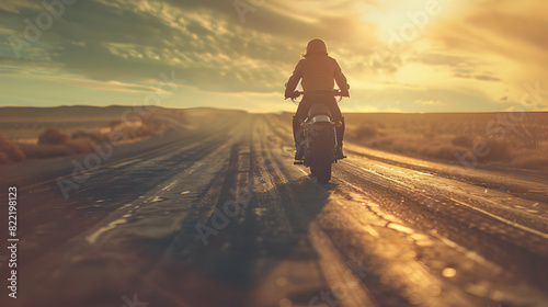 Photo realistic concept of a man motorcycling on an open road, capturing the sense of freedom, adventure, and thrill involved in this popular hobby photo
