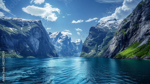 a breathtaking view of a coastal fjord, with snow-capped mountains towering above the deep blue waters © Muhammad