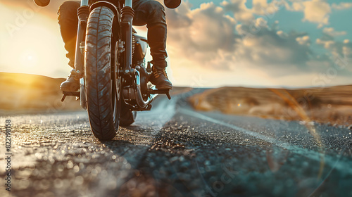 Photo realistic concept: A man motorcycling on an open road, depicting the freedom, adventure, and thrill of this popular hobby photo