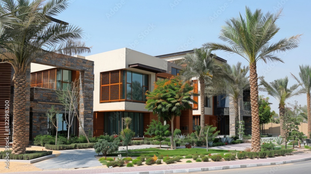 a twinhouse facade in the UAE, adorned with asymmetric arches, vertical louvers, and stone cladding.