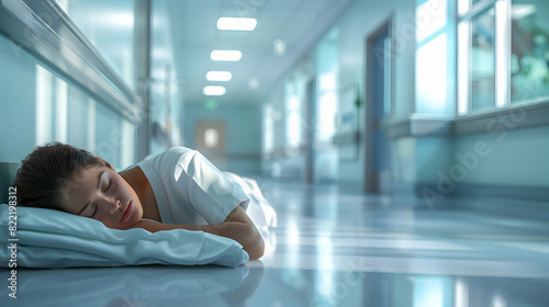 Exhausted Nurse Taking a Nap in Hospital Break Room Depicting Physical and Emotional Strain of Patient Care Realistic Photo Concept