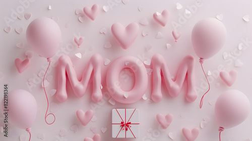 Balloons and a gift box form the word mom, perfect for Mothers Day designs, greeting cards, celebrations, and familythemed projects. photo