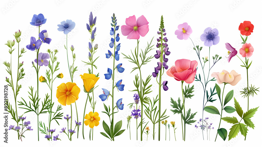 A colorful bouquet of flowers with a variety of colors and shapes. The flowers are arranged in a row, with some taller and some shorter, creating a sense of depth and dimension