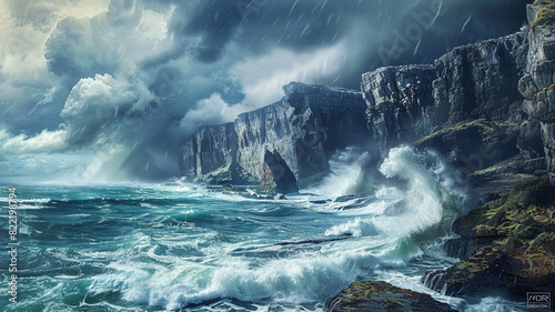 a dramatic seascape with crashing waves against rugged cliffs under a stormy sky