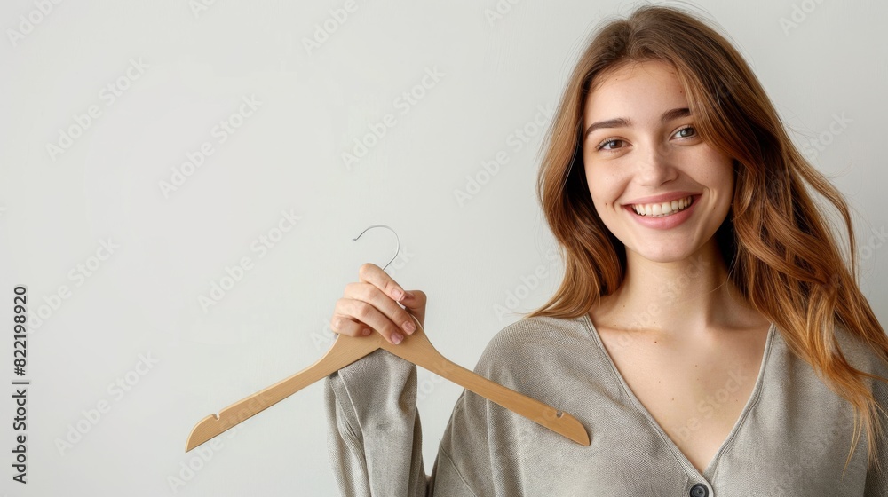 an isolated woman holding a clothing hanger and smiling, on a plain white background. an isolated woman holding a clothing hanger and smiling, on a plain white background.