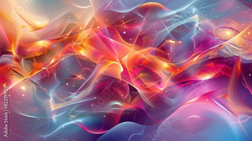 Vibrant abstract painting with flowing, colorful ribbons and light particles. 
