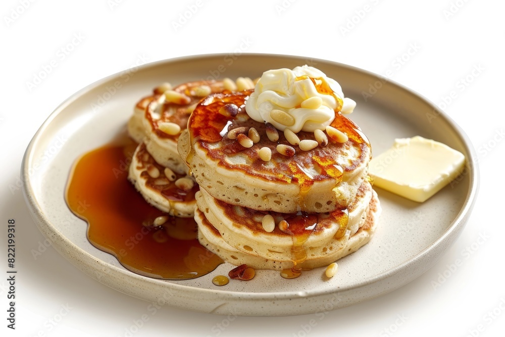 Atole Pinon Hotcakes Stack with Roasted Pine Nuts and Whipped Butter Atole Pinon Hotcakes Stack with Roasted Pine Nuts and Whipped Butter