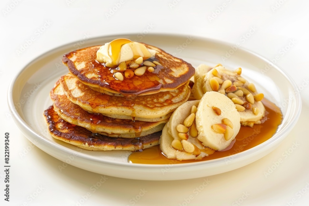 Golden Brown Atole Pinon Hotcakes Stack with Roasted Pine Nuts and a Maple Syrup Drizzle Golden Brown Atole Pinon Hotcakes Stack with Roasted Pine Nuts and a Maple Syrup Drizzle