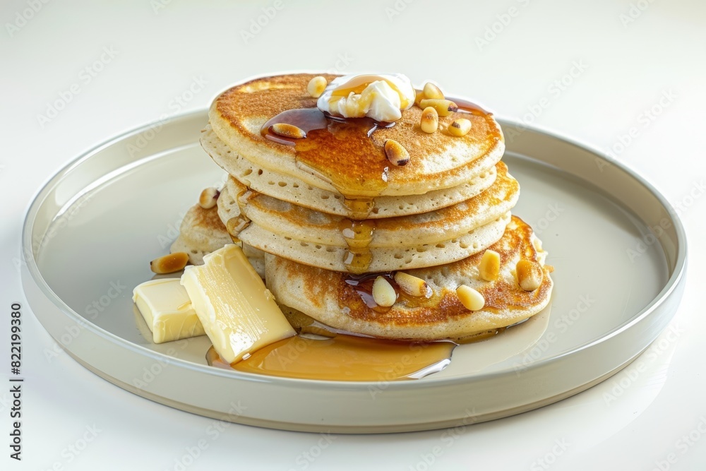 Delicate Atole Pinon Hotcakes with Roasted Pine Nuts and Maple Syrup