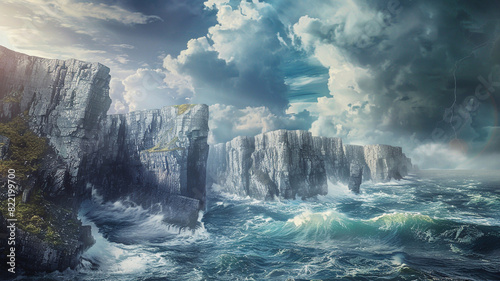 a dramatic seascape with towering cliffs plunging into the churning sea under a tempestuous sky