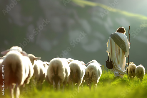 Rear view of Jesus Christ, good shepherd and flock of sheep at the grass field