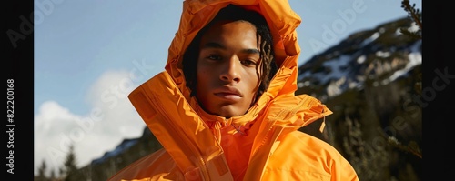 Orange jacket made from recycled materials sustainable mountain gorpcore fashion photo