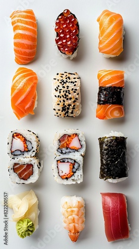 Overhead view of sushi isolated Asian delicacy on a white background high end Japanese restaurant fare