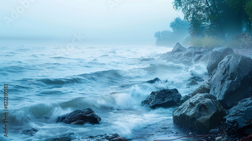 a misty morning scene on the shore, with gentle waves lapping against the rocks