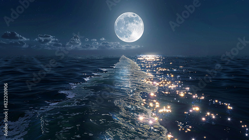 a mystical seascape with a full moon casting a silvery path across the dark ocean