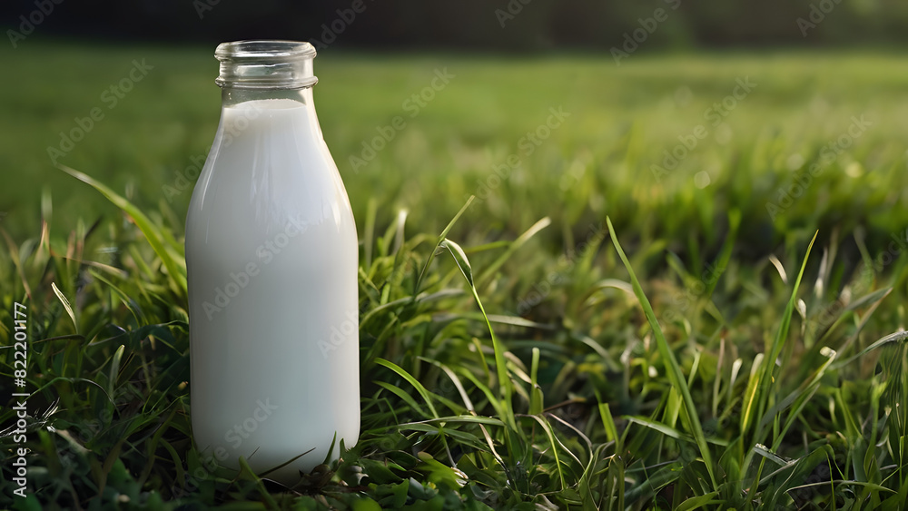 Glass bottle of organic non-gmo milk on a grass field background