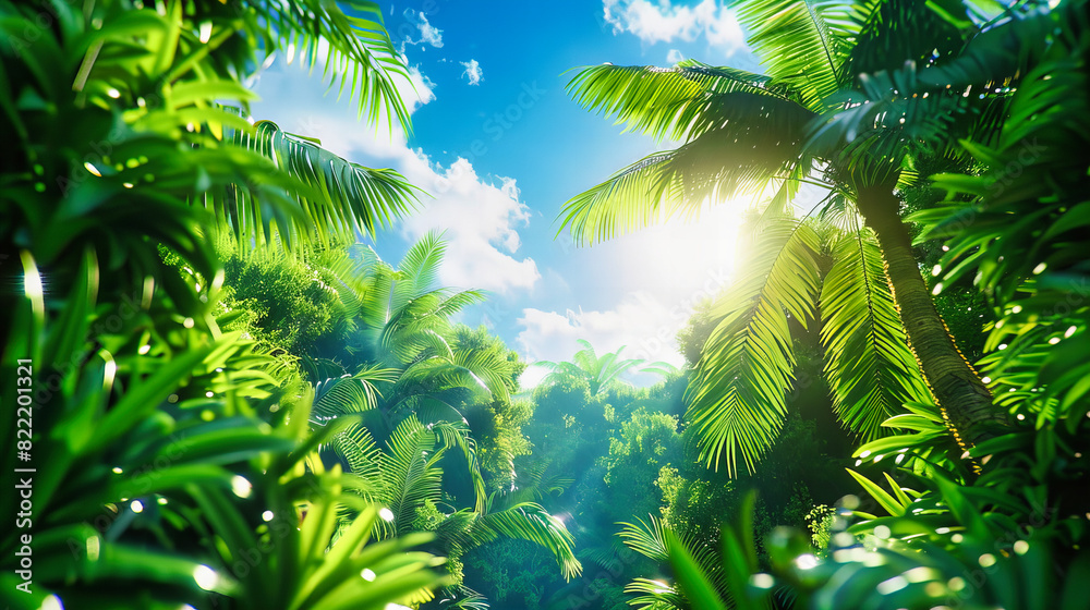 Obraz premium Sunlit Tropical Forest with Palm Trees, Bright Day in a Green Lush Jungle