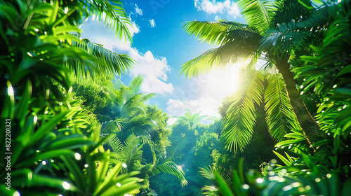 Sunlit Tropical Forest with Palm Trees, Bright Day in a Green Lush Jungle
