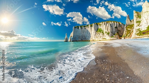 Panoramic view of the beach of Etretat in Normandy, a popular french seaside town known for its chalk cliffs