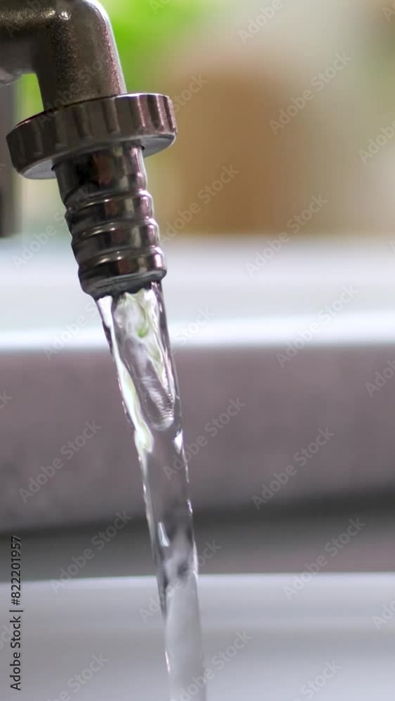 Water running from Faucet closeup. Nobody water flows from the tap Water running from Faucet closeup. Nobody water flows from the tap