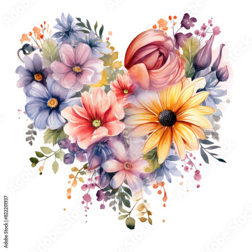 Watercolor Iove Of Different Flowers, clipart Illustration, Generative Ai photo