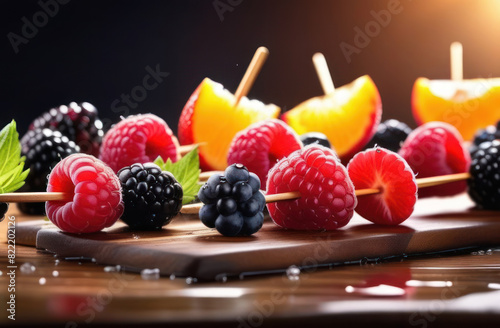 Fresh fruits and berries on skewers, Tanghulu dessert.