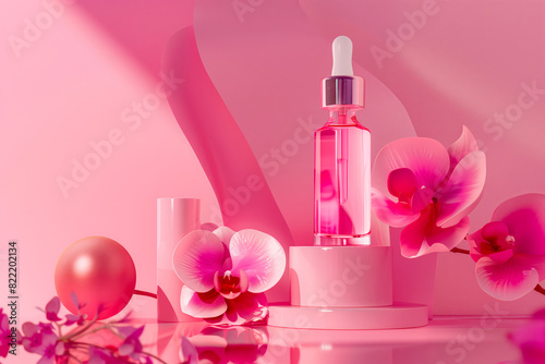 Perfume serum bottle and flowers on table