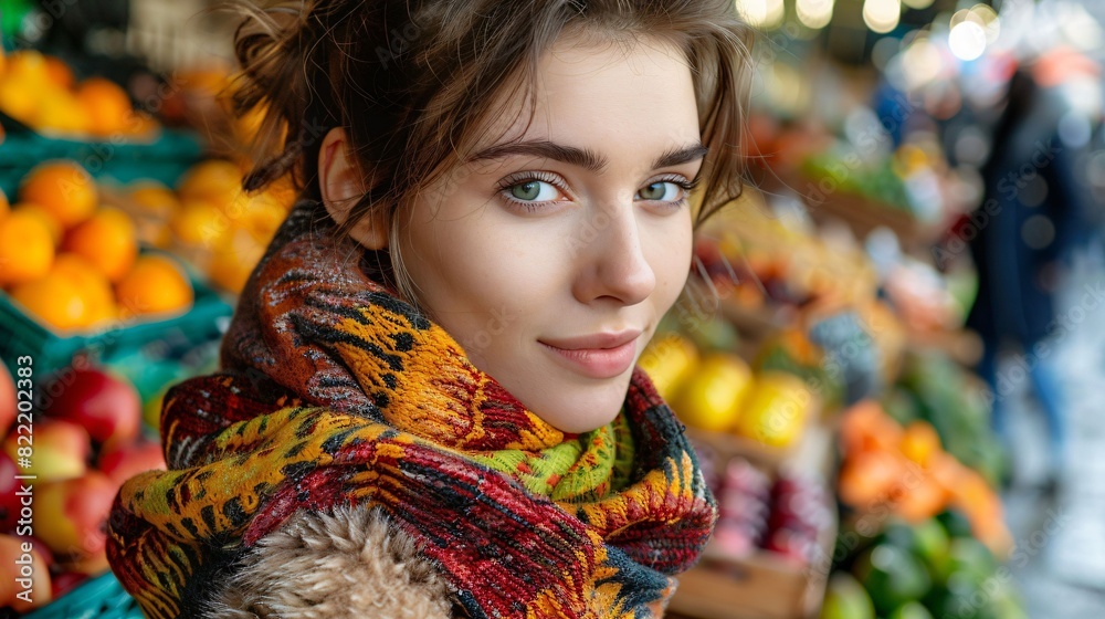 Refined woman in a vibrant scarf exploring a rustic European market colorful stalls Refined woman in a vibrant scarf exploring a rustic European market colorful stalls