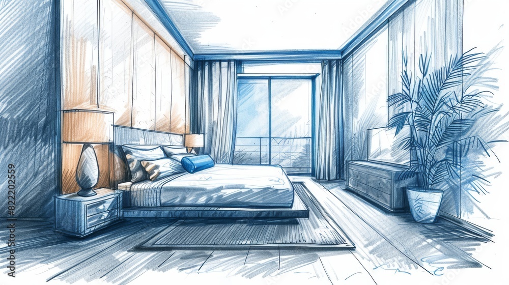 Sketch of a stylish bedroom interior with a modern blue theme, complete with furniture and a scenic window view. Sketch of a stylish bedroom interior with a modern blue theme, complete with furniture and a scenic window view.