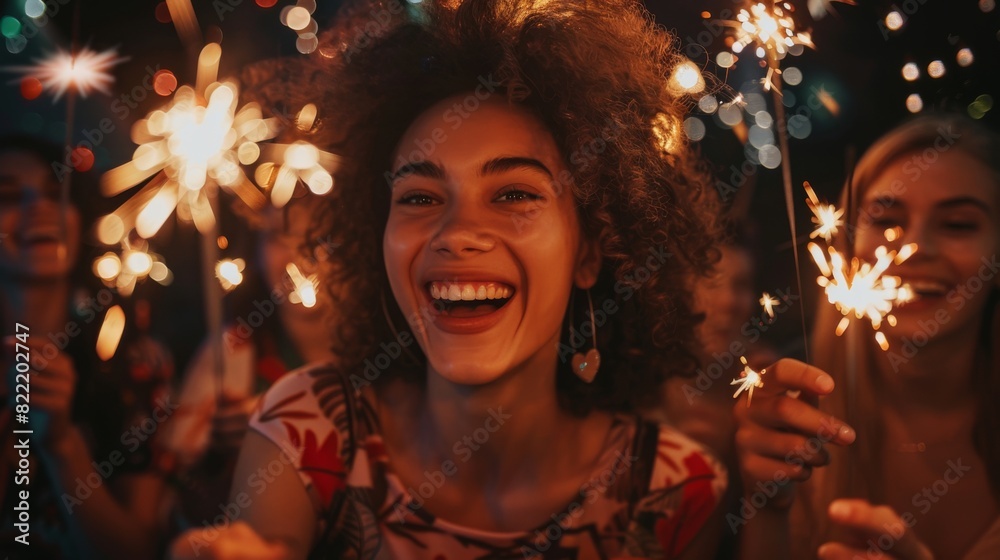 Friends celebrating with sparklers at a nighttime party Friends celebrating with sparklers at a nighttime party