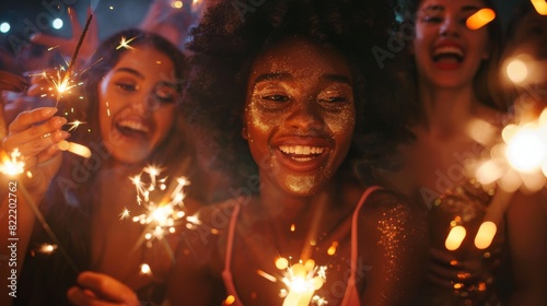 Friends celebrating with sparklers at a nighttime party