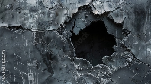 A detailed texture of cracked and peeling paint on a wall, forming a dark, gaping hole in the center, suggesting decay