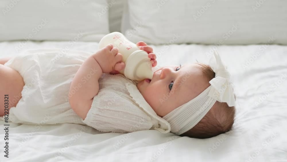 Newborn baby girl sucks a bottle of milk in white clothes on the bed at home on her back, cute baby eats, space for text Newborn baby girl sucks a bottle of milk in white clothes on the bed at home on her back, cute baby eats, space for text