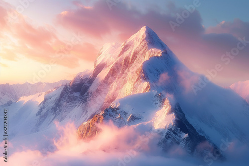 At sunrise, the sun shines on the majestic snowy mountains surrounded by clouds and mists
