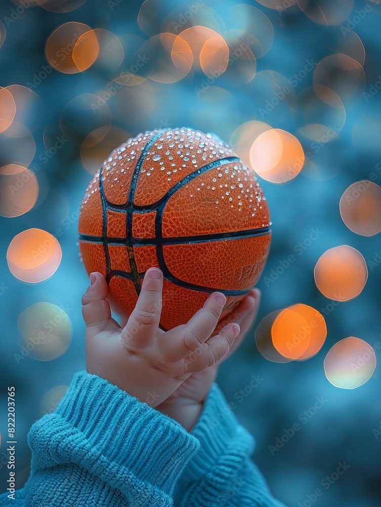 Child's hand holding a small basketball with bokeh lights in the background. Focus on basketball, winter theme, cozy sweater. Child's hand holding a small basketball with bokeh lights in the background. Focus on basketball, winter theme, cozy sweater.