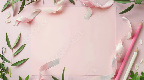 top view of a blank pink sheet of paper framed by pencils, leaves and ribbons, space for text, mockup, table, stationery, drawing, art, mock up, postcard, wallpaper, design, girly style, scrapbooking photo