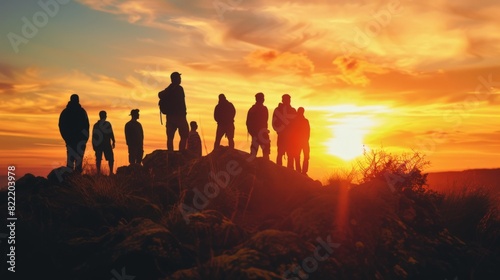Hikers on a mountain with the sun setting behind them