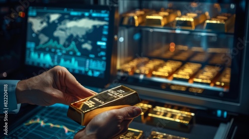 Gold bars being placed into a safe by a treasury officer, with financial charts on a screen nearby photo