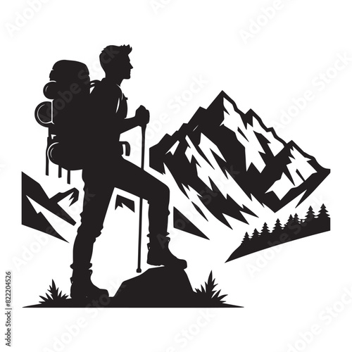 Vector Silhouette of Hiker, Black and White Hiker , Stylized Hiker Silhouette, Outdoor Adventure, Wilderness Journey	